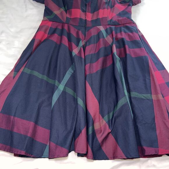 ModCloth Dress Plus Size 18 Navy Blue Burgundy Plaid Short Sleeve LIned Preppy - Picture 10 of 14